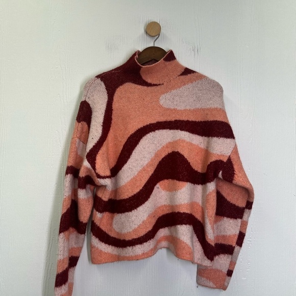 Zara - Pink Burgundy Jacquard Wave Mock Neck Long Sleeve Sweater Size Small - Picture 6 of 9
